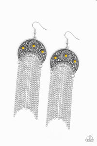 Paparazzi Lunar Melody - Yellow Beads - Silver Half Moon Frame - Silver Chain Fringe - Earrings - $5 Jewelry With Ashley Swint