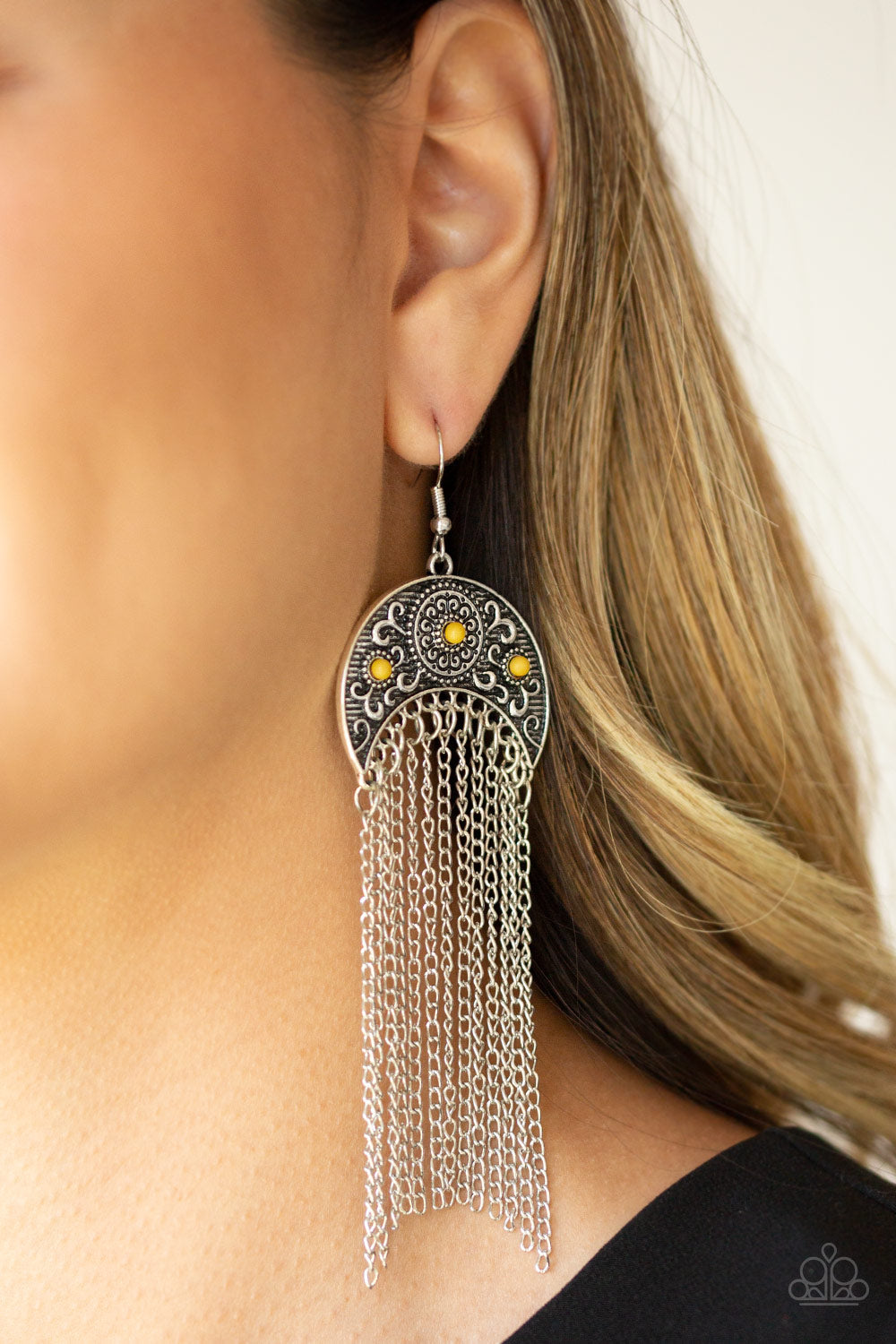 Paparazzi Lunar Melody - Yellow Beads - Silver Half Moon Frame - Silver Chain Fringe - Earrings - $5 Jewelry With Ashley Swint