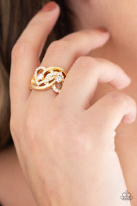 Paparazzi Have The World On A HEART-String - Gold - White Rhinestones - Ring - $5 Jewelry With Ashley Swint