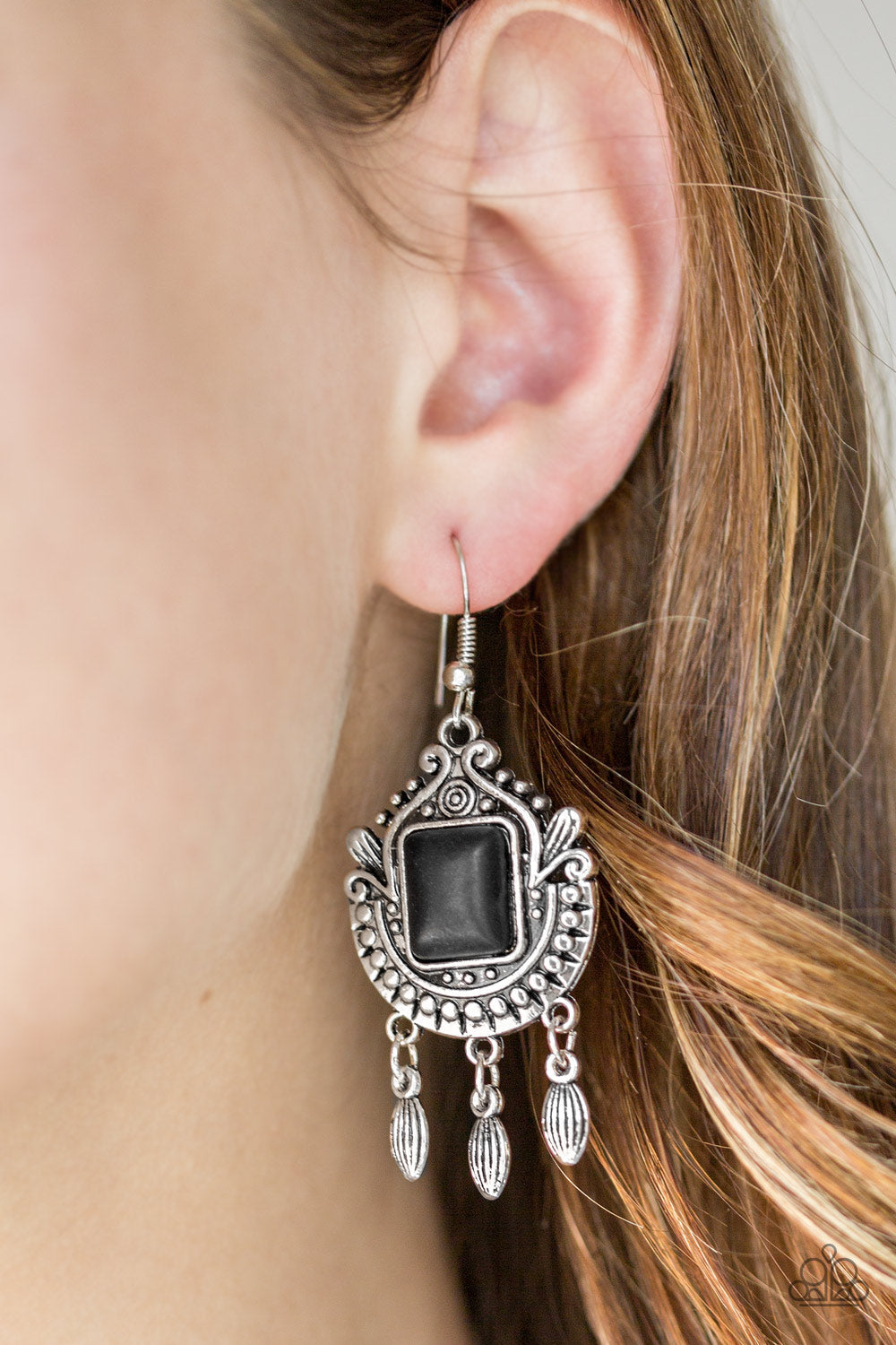 Paparazzi Open Pastures - Black Stone - Ornate Silver Fringe Earrings - $5 Jewelry With Ashley Swint