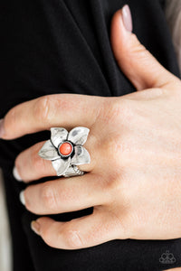Paparazzi Ask For Flowers - Orange / Coral Beaded Center - Silver Petals - Ring - $5 Jewelry with Ashley Swint