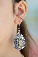Load image into Gallery viewer, Paparazzi Banquet Bling - Yellow - Embossed Frilly Floral Pattern - Rhinestones - Teardrop Earrings - $5 Jewelry with Ashley Swint