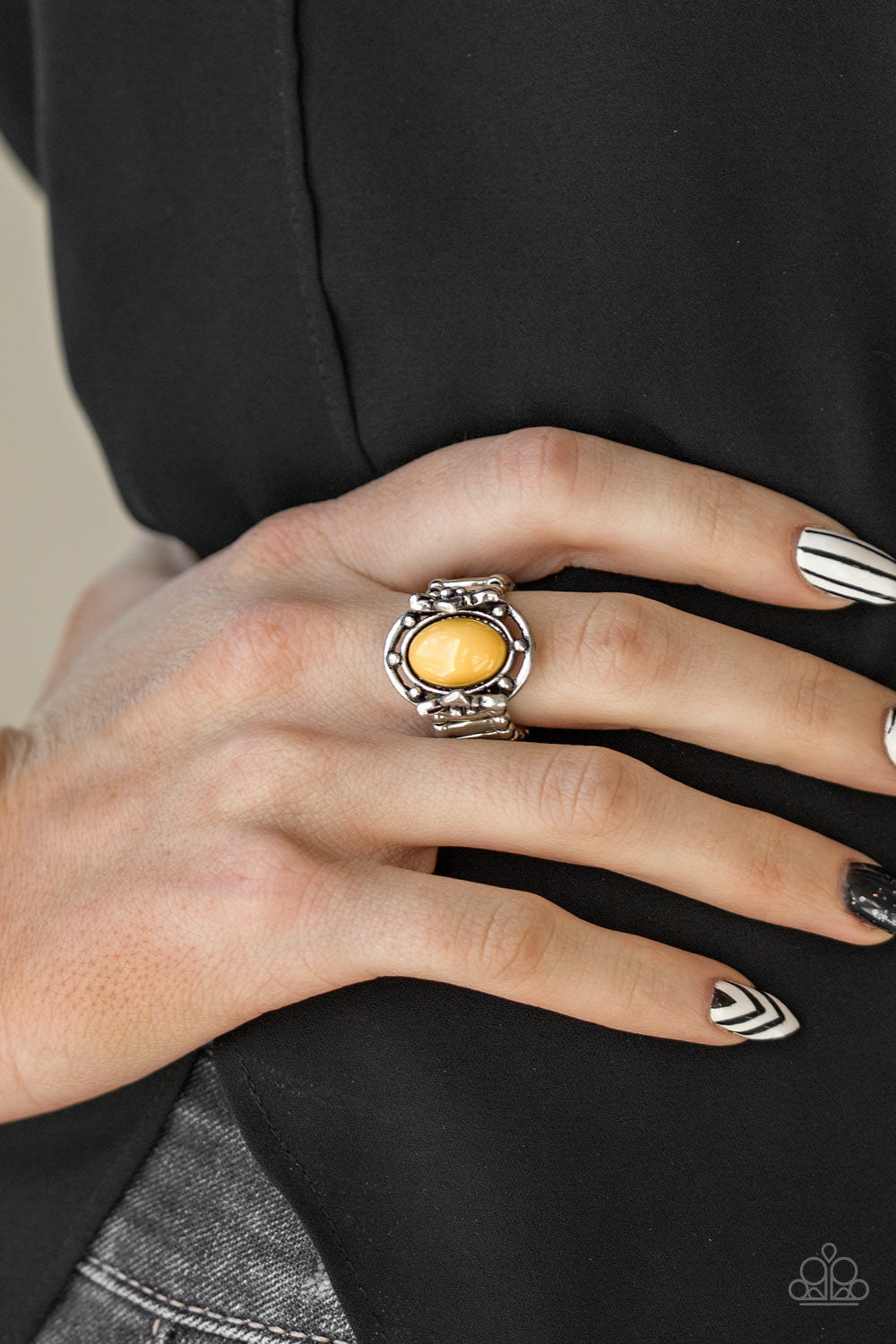 Paparazzi Color Me Confident - Yellow Bead - Silver Frame blooming with Floral Details - Ring - $5 Jewelry with Ashley Swint