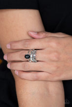 Load image into Gallery viewer, Paparazzi Crowned Victor - Black Gem - White Emerald Cut Hematite Rhinestones - Ring - $5 Jewelry with Ashley Swint