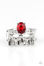 Load image into Gallery viewer, Paparazzi Crowned Victor - Red Gem - White Emerald Cut Hematite Rhinestones - Ring - $5 Jewelry With Ashley Swint