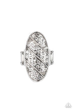 Load image into Gallery viewer, Rows of glassy white rhinestones slant across a stretched oval frame dotted in silver studs, creating a dramatic centerpiece atop the finger. Features a stretchy band for a flexible fit.  Sold as one individual ring.