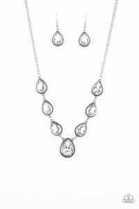 Paparazzi Socialite Social - White - Silver Ornate Teardrop Gems - Necklace & Earrings - $5 Jewelry with Ashley Swint