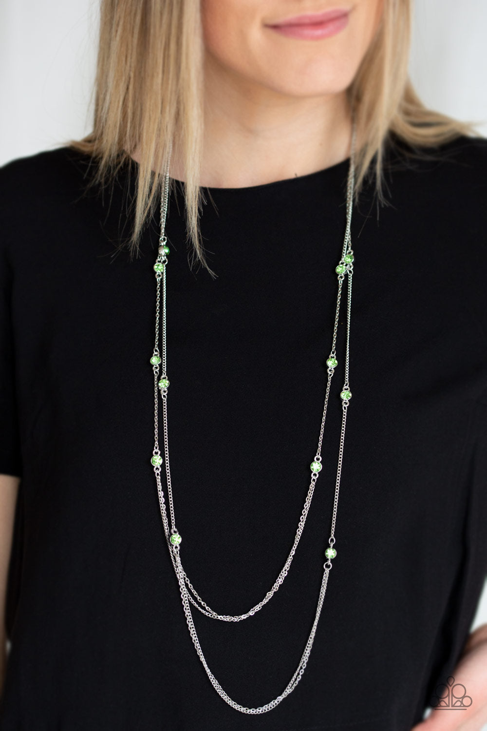 Paparazzi Sparkle Of The Day - Green Rhinestones - Silver Chains Necklace & Earrings - $5 Jewelry with Ashley Swint