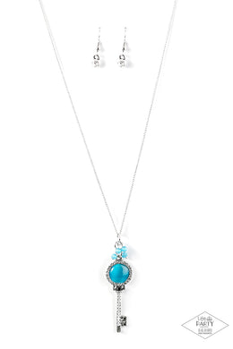 Paparazzi Unlock Every Door - Blue - Cat's Eye Moonstone - Silver Key Charm - Necklace - Black Diamond Exclusive 2019 - $5 Jewelry with Ashley Swint