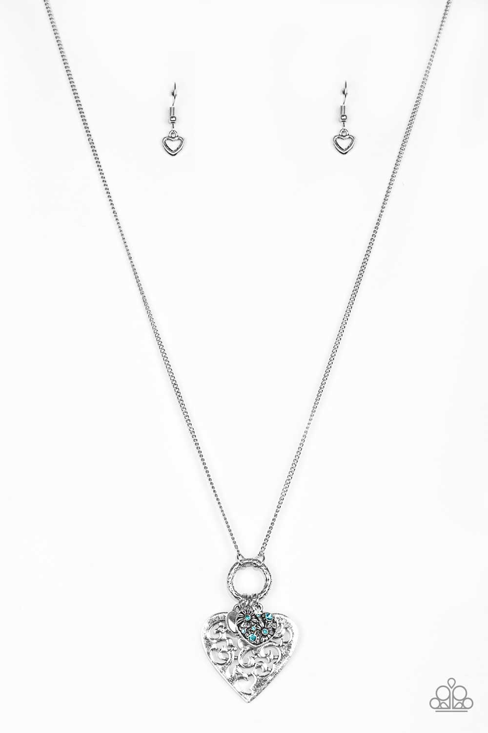 Paparazzi Bountiful Hearts - Blue Rhinestones - Silver Heart Necklace & Earrings - $5 Jewelry With Ashley Swint
