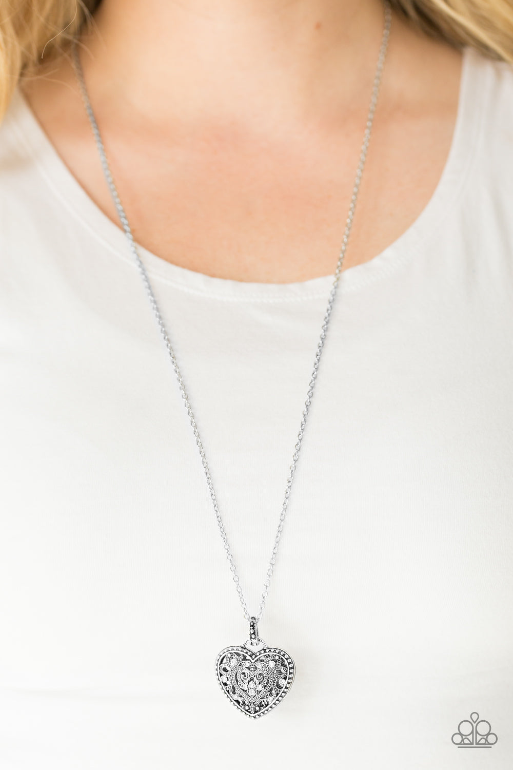 Paparazzi Charmingly Casanova - White Rhinestones - Silver Heart Pendant - Necklace - $5 Jewelry With Ashley Swint