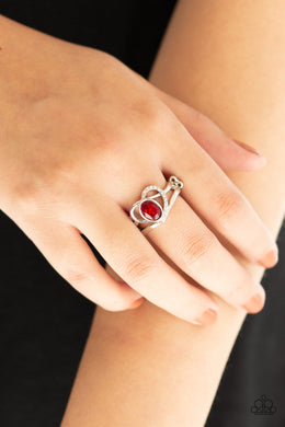 Paparazzi No HEART-Strings Attached - Red - White Rhinestones - Heart Ring - $5 Jewelry With Ashley Swint