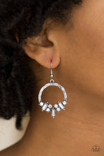 Load image into Gallery viewer, Paparazzi On The Uptrend - White - Emerald Cut Rhinestones - Silver Hoop Earrings - $5 Jewelry With Ashley Swint