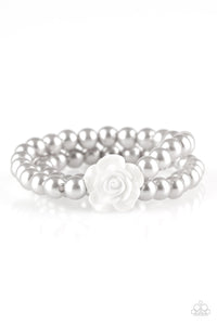 Paparazzi Posh and Posy - Silver Pearls - White Rose - Stretchy Bands - Bracelet - $5 Jewelry with Ashley Swint