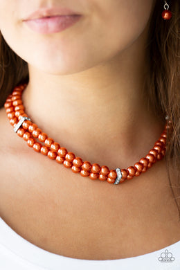 Paparazzi Put On Your Party Dress - Orange Pearls - White Rhinestones - Necklace & Earrings - $5 Jewelry With Ashley Swint