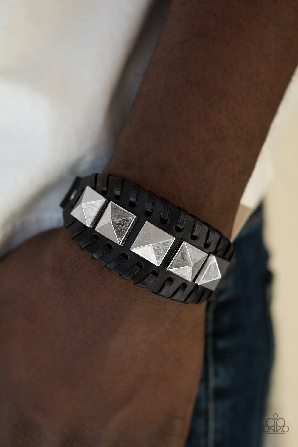 Paparazzi Riders Rally - Black - Leather Silver Pyramidal Beads - Buckle Bracelet - $5 Jewelry With Ashley Swint