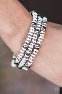 Paparazzi Barcelona Ball - White Beads - Silver Stretchy Bands - Set of 3 Bracelets - $5 Jewelry With Ashley Swint