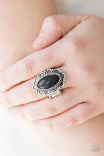 Load image into Gallery viewer, Paparazzi Desert Grotto - Black Stone - Silver Floral Frame Antiqued Textures - Ring - $5 Jewelry With Ashley Swint
