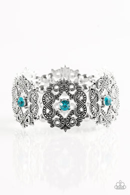 Paparazzi EMPRESS-ive Shimmer - Blue Rhinestones  - Ornate Silver Stretchy Band Bracelet - $5 Jewelry With Ashley Swint