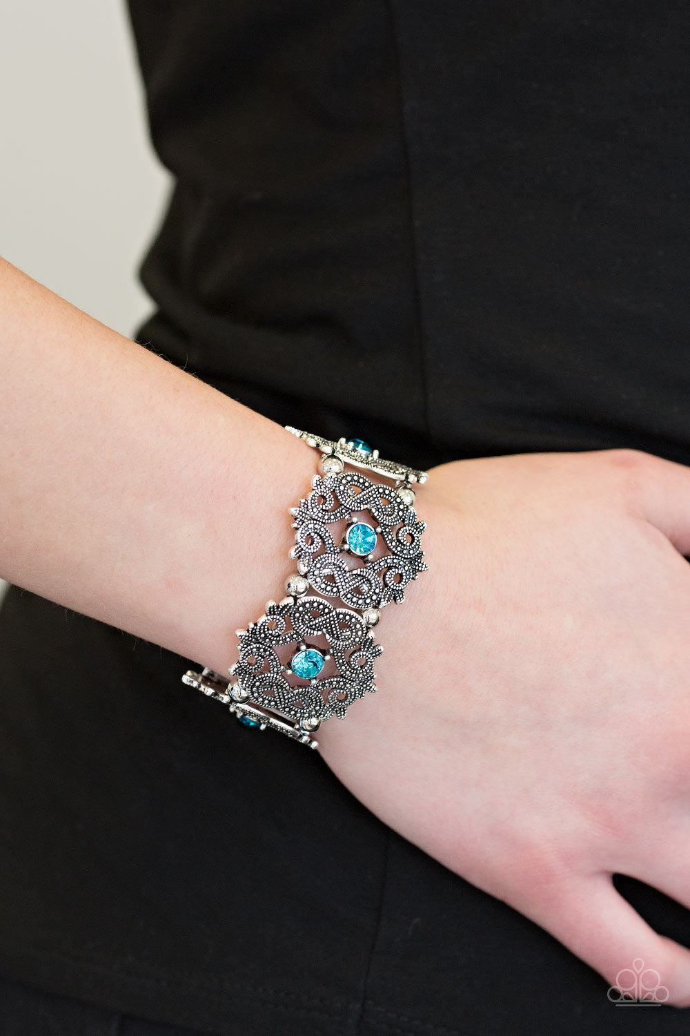 Paparazzi EMPRESS-ive Shimmer - Blue Rhinestones  - Ornate Silver Stretchy Band Bracelet - $5 Jewelry With Ashley Swint