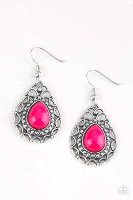 Paparazzi Flirty Finesse - Pink - Teardrop Bead - Whimsical Filigree - Silver Earrings - $5 Jewelry With Ashley Swint