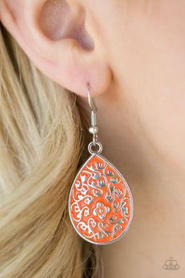 Paparazzi Flirty Flower Girl - Orange - Floral Filigree - Silver Teardrop Earrings - $5 Jewelry With Ashley Swint