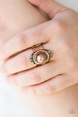 Paparazzi Pearl Posh - Copper Pearly Bead - Glassy Rhinestones - Dainty Band Ring - $5 Jewelry With Ashley Swint