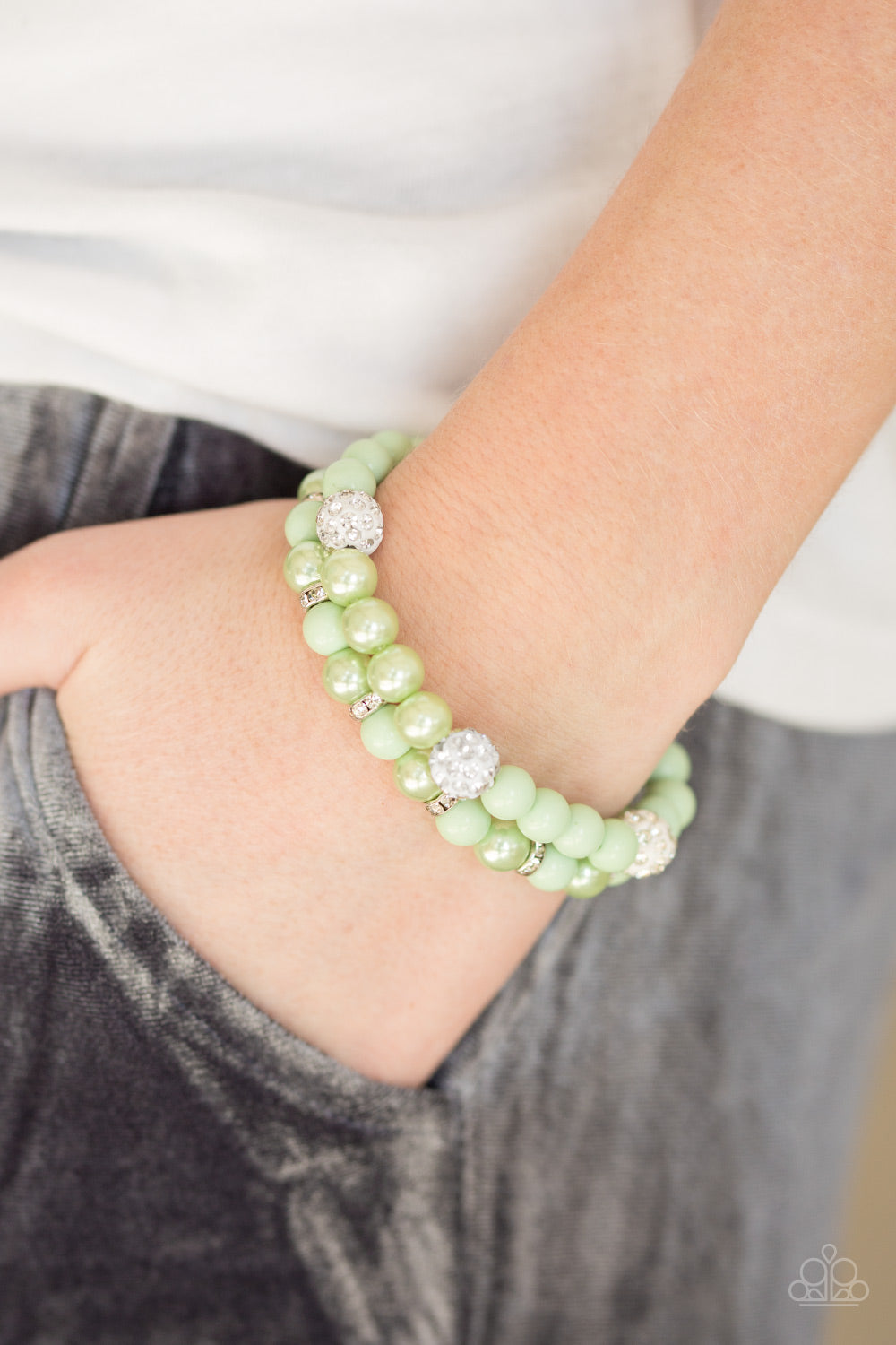 Paparazzi Teasingly Tinseltown - Green - Pearly Beads - 2 Stretchy Band Bracelet - $5 Jewelry With Ashley Swint
