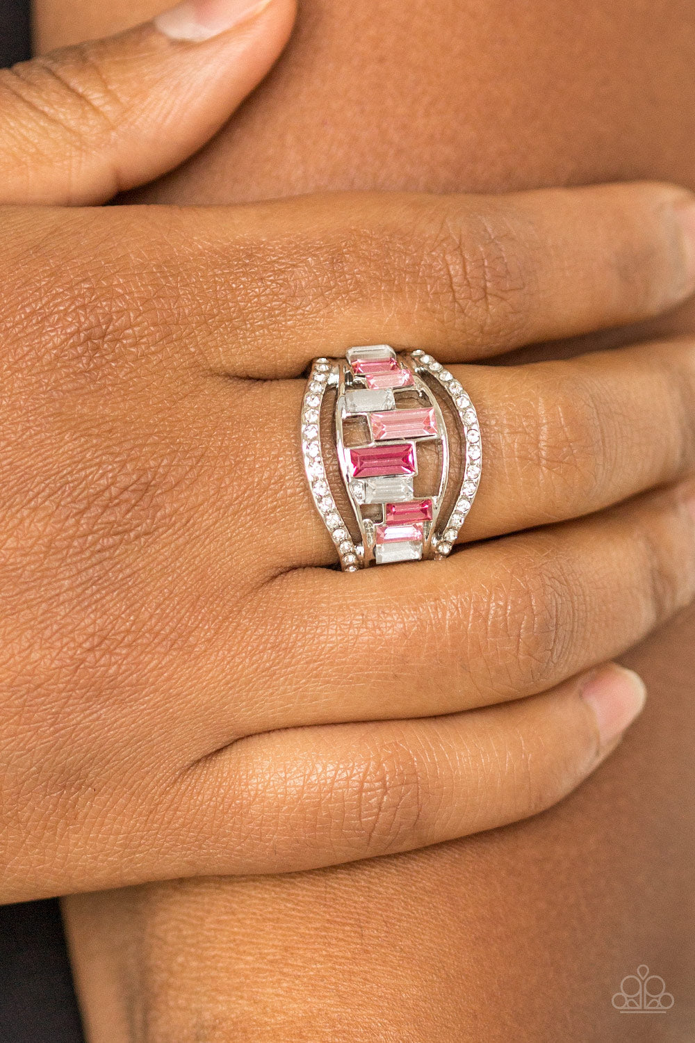 Paparazzi Treasure Chest Charm - Pink - Emerald Cut Rhinestones - Silver Ring - $5 Jewelry with Ashley Swint