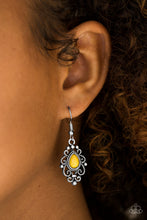 Load image into Gallery viewer, Paparazzi Beautifully Bohemian - Yellow Bead - Frilly Silver Frame - Earrings - $5 Jewelry With Ashley Swint