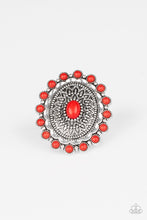 Load image into Gallery viewer, Paparazzi Mesa Mandala - Red - Fiery Stone - Silver Floral Embossed - Ring - $5 Jewelry with Ashley Swint