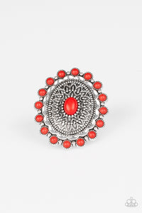 Paparazzi Mesa Mandala - Red - Fiery Stone - Silver Floral Embossed - Ring - $5 Jewelry with Ashley Swint