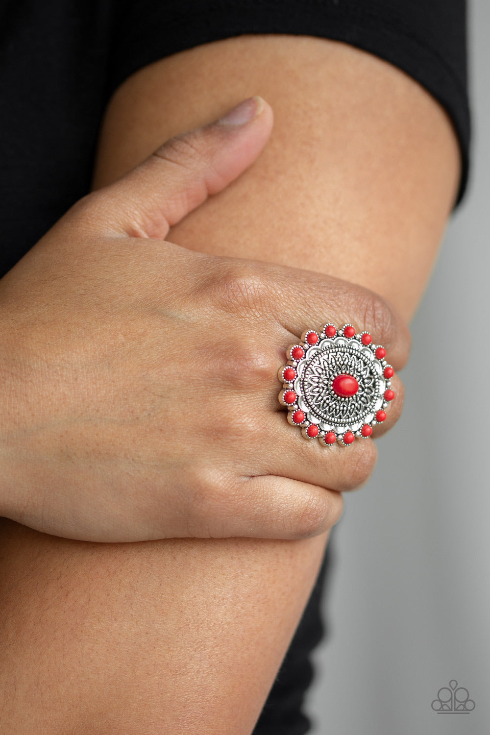 Paparazzi Mesa Mandala - Red - Fiery Stone - Silver Floral Embossed - Ring - $5 Jewelry with Ashley Swint