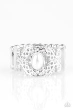 Load image into Gallery viewer, Paparazzi Mod Modest - White Bead - White Rhinestones - Filigreed Silver Ring - $5 Jewelry With Ashley Swint
