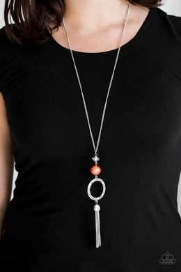 Paparazzi Bold Balancing Act - Orange Pearly Bead - Silver Chain Tassel Necklace & Earrings - $5 Jewelry With Ashley Swint