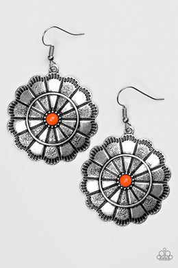 Paparazzi I'm No Wallflower - Orange Center - Silver Petals - Hammered Texture - Earrings - $5 Jewelry With Ashley Swint