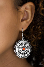 Load image into Gallery viewer, Paparazzi I&#39;m No Wallflower - Orange Center - Silver Petals - Hammered Texture - Earrings - $5 Jewelry With Ashley Swint