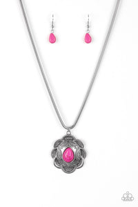 Paparazzi Mojave Meadow - Pink Stone - Dramatic Pendant - Silver Necklace and matching Earrings - $5 Jewelry With Ashley Swint