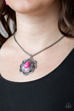 Paparazzi Mojave Meadow - Pink Stone - Dramatic Pendant - Silver Necklace and matching Earrings - $5 Jewelry With Ashley Swint