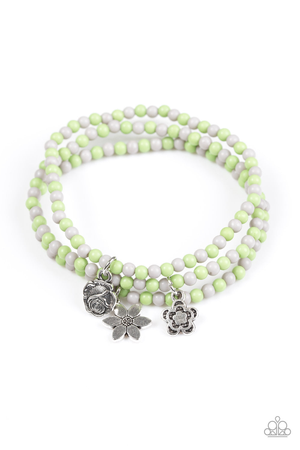 Paparazzi Rooftop Gardens - Green - Gray Beads - Floral Charms - Set of 3 Stretchy Band Bracelets - $5 Jewelry With Ashley Swint
