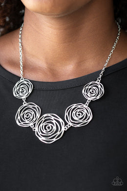 Paparazzi Rosy Rosette - Silver - Necklace and matching Earrings - $5 Jewelry With Ashley Swint