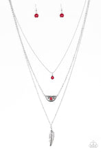 Load image into Gallery viewer, Paparazzi Sahara Sparrow - Red Beaded Accents - Silver Feather - Silver Chains Necklace and matching Earrings - $5 Jewelry With Ashley Swint