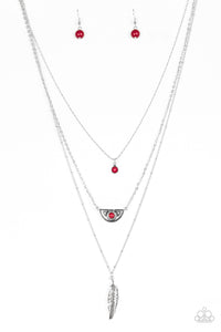 Paparazzi Sahara Sparrow - Red Beaded Accents - Silver Feather - Silver Chains Necklace and matching Earrings - $5 Jewelry With Ashley Swint