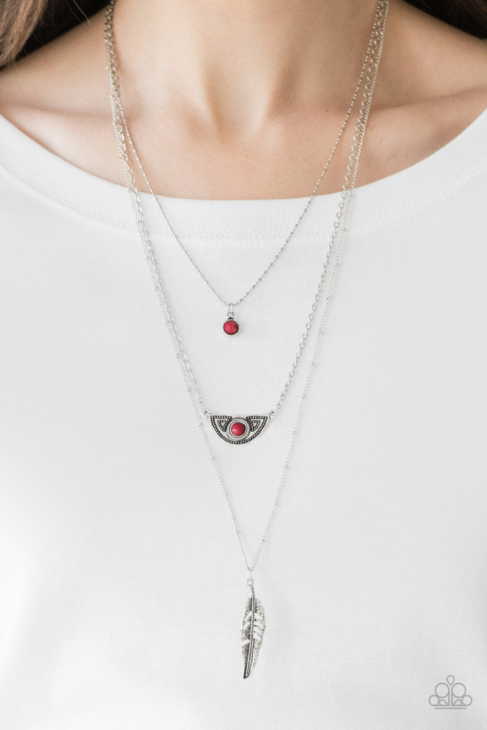 Paparazzi Sahara Sparrow - Red Beaded Accents - Silver Feather - Silver Chains Necklace and matching Earrings - $5 Jewelry With Ashley Swint