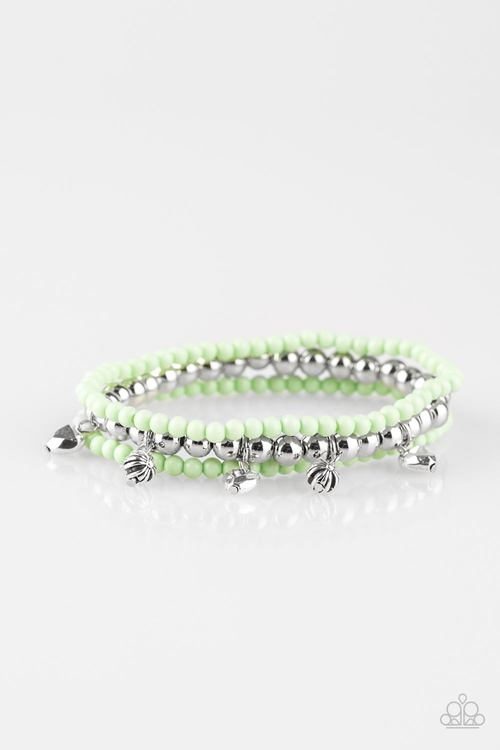 Paparazzi Springtime Sweethearts - Green - Silver Beads - Set of 3 Stretchy Bracelets - $5 Jewelry With Ashley Swint