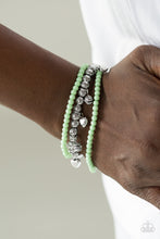 Load image into Gallery viewer, Paparazzi Springtime Sweethearts - Green - Silver Beads - Set of 3 Stretchy Bracelets - $5 Jewelry With Ashley Swint