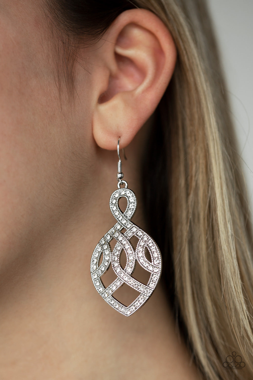 Paparazzi A Grand Statement - White Rhinestones - Ribbons of Shimmery Silver - Earrings - $5 Jewelry With Ashley Swint