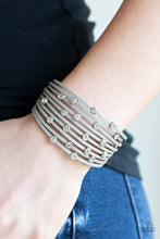 Load image into Gallery viewer, Paparazzi Meant To BEAM - Silver - Gray Leather - White Rhinestones - Wrap / Snap Bracelet - $5 Jewelry With Ashley Swint