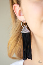 Load image into Gallery viewer, Paparazzi Oh My GIZA - Black Tasseled Cording / Thread / Fringe - Silver Hoop Post Earrings - $5 Jewelry With Ashley Swint