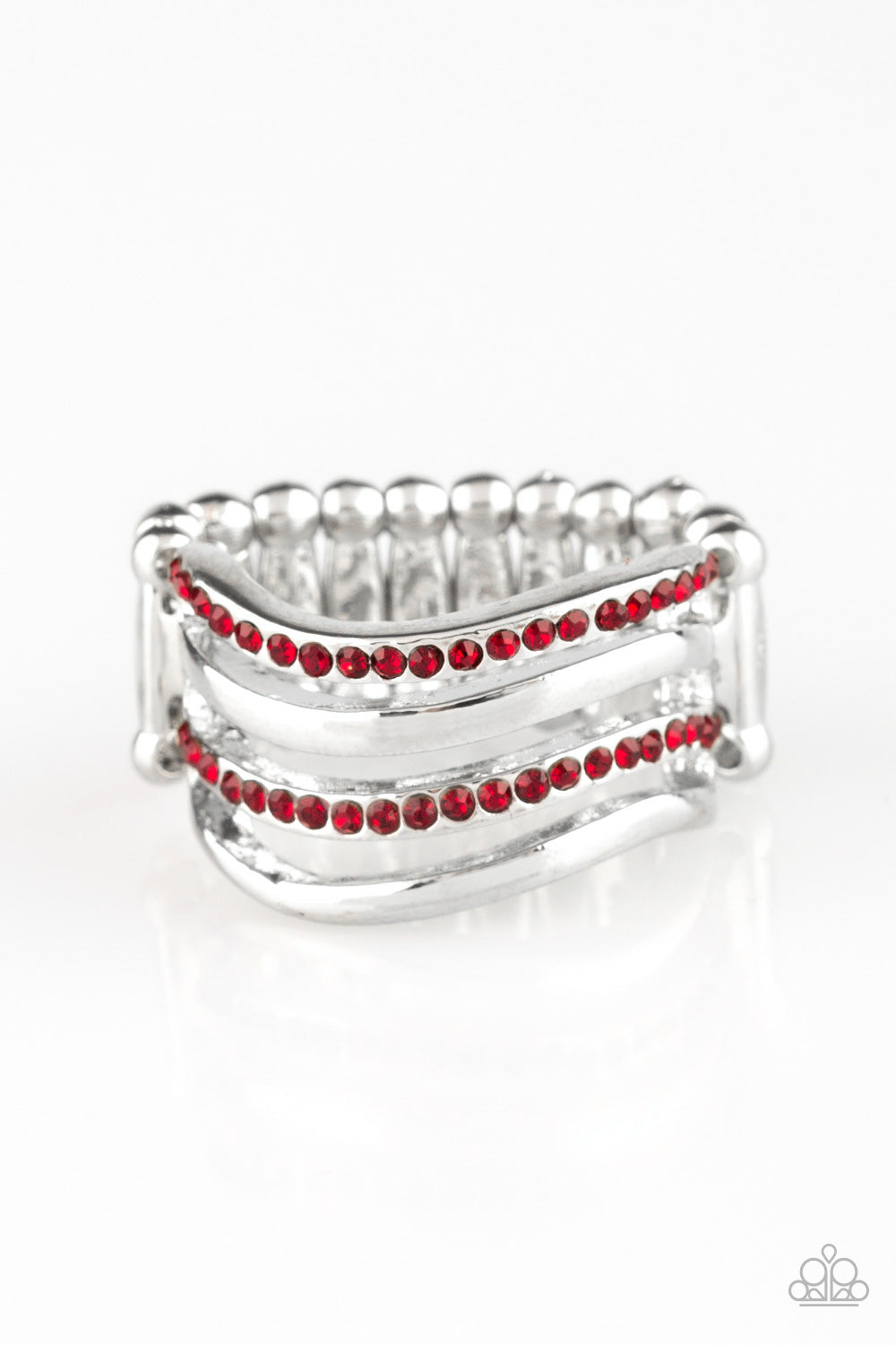 Paparazzi Pageant Wave - Red Rhinestones - Silver Ring - $5 Jewelry With Ashley Swint